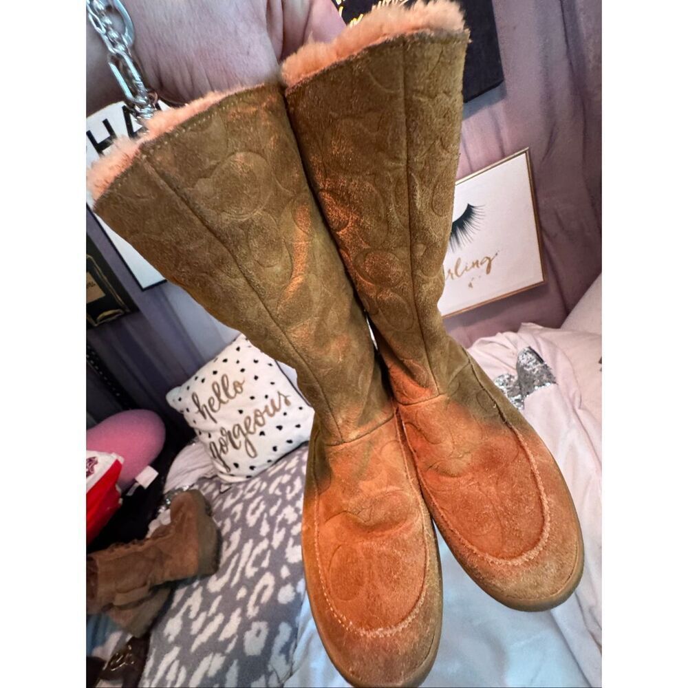 Vintage  Coach Tan Signature Cc Suede Bootie Tobacco 9 | Wool Cozy Chic Boho 10 - Picture 2 of 9